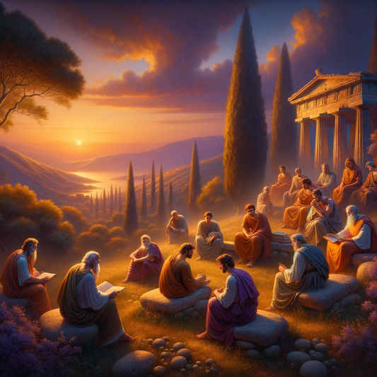 Greek philosophers in a landscape, reflecting on life, in a style inspired by classic 1960s historical films.