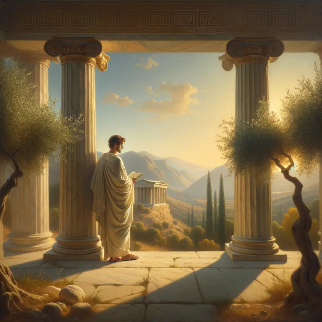 A contemplative Greek philosopher seated under a colonnade, with olive trees and distant hills, styled like 1960s historical epics.