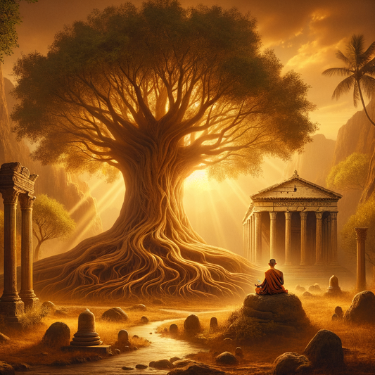 A tree with deep roots, symbolizing wisdom and strength, is flanked by a meditative Buddhist monk and a stoic Roman philosopher, set in a serene, cinematic landscape.