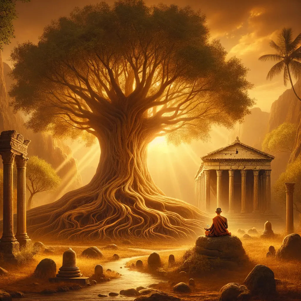 A tree with deep roots, symbolizing wisdom and strength, is flanked by a meditative Buddhist monk and a stoic Roman philosopher, set in a serene, cinematic landscape.