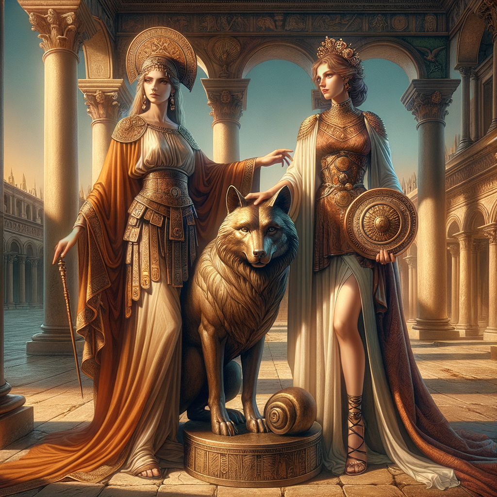Theophanu and Maria Theresa alongside the Capitoline Wolf, in a Roman courtyard, symbolizing women's significant roles in Roman history.