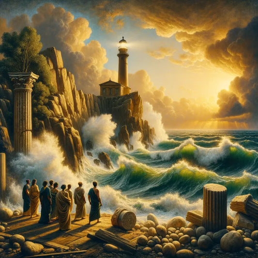 Stoic philosophers on a rocky coast with a stormy sea, observing a lighthouse symbolizing balance, in a style inspired by 1960s historical epics.