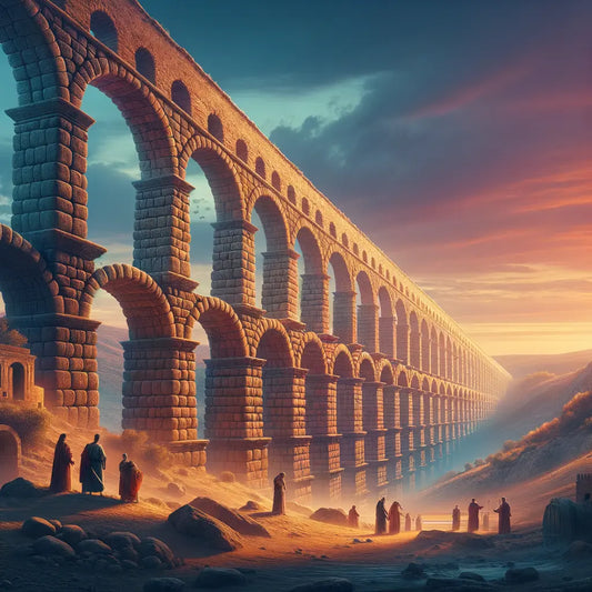 Vibrant sunset over ancient Roman aqueduct arches, highlighting historical engineering in a style akin to 1960s epic films.