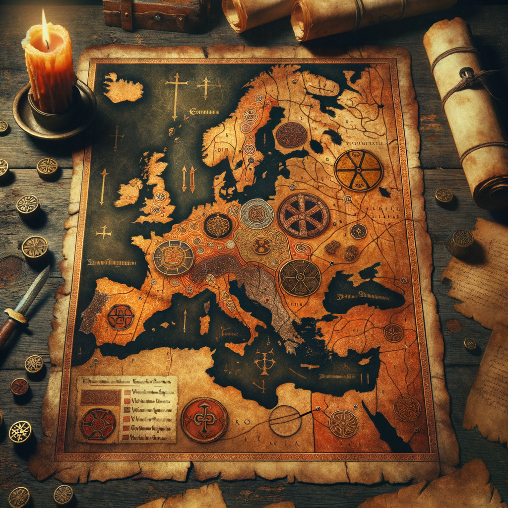 An ancient map of Europe showing migration paths of the Goths, Vandals, and Burgundians, with tribal symbols on an aged parchment.