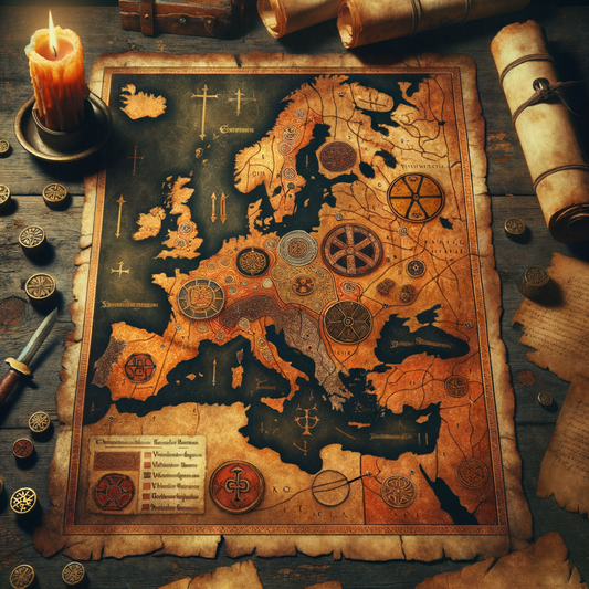 An ancient map of Europe showing migration paths of the Goths, Vandals, and Burgundians, with tribal symbols on an aged parchment.