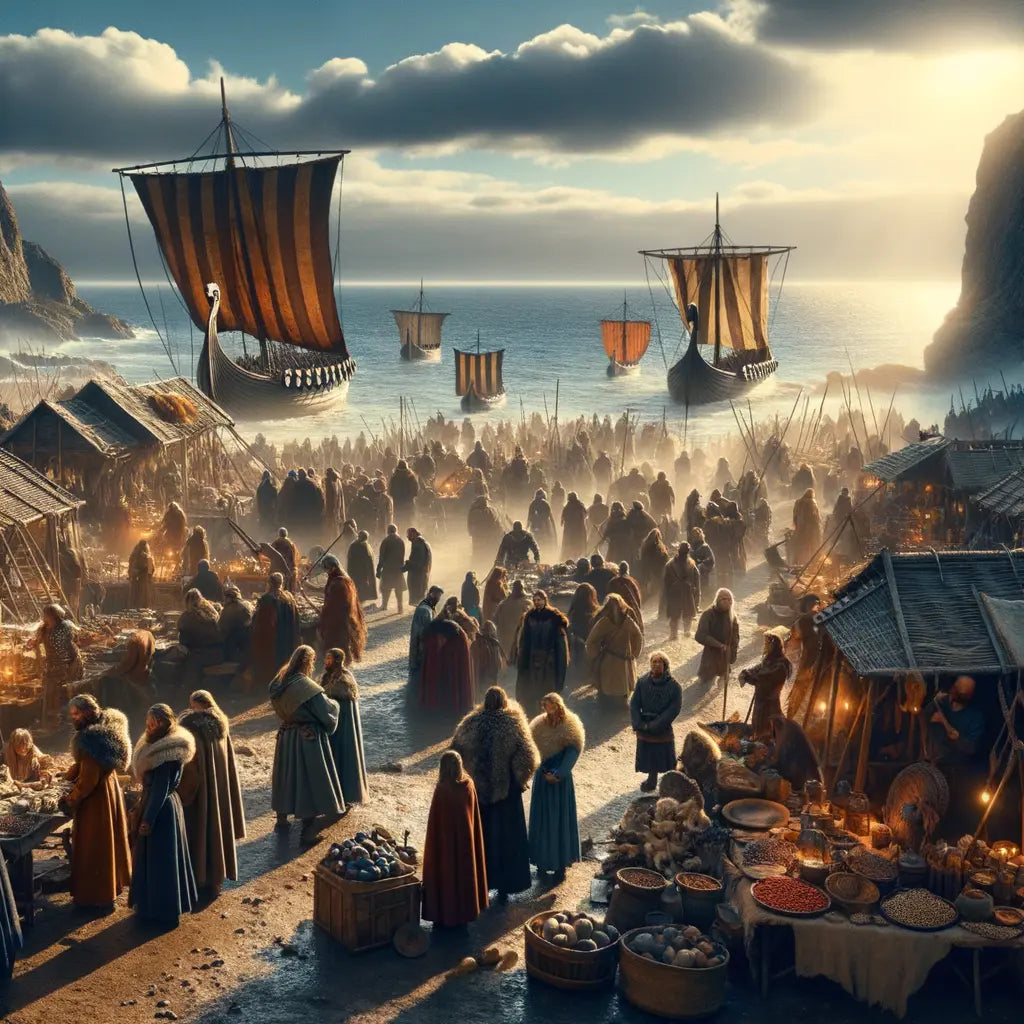 Vikings and locals trade in a bustling Baltic coastal market with longships in the background, in a painterly style reminiscent of 1960s historical epics.