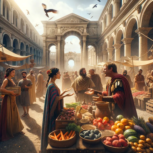 Vendors in togas and colorful stalls at Trajan's Market in ancient Rome, surrounded by majestic Roman architecture, depicted in the style of 1960s historical films.