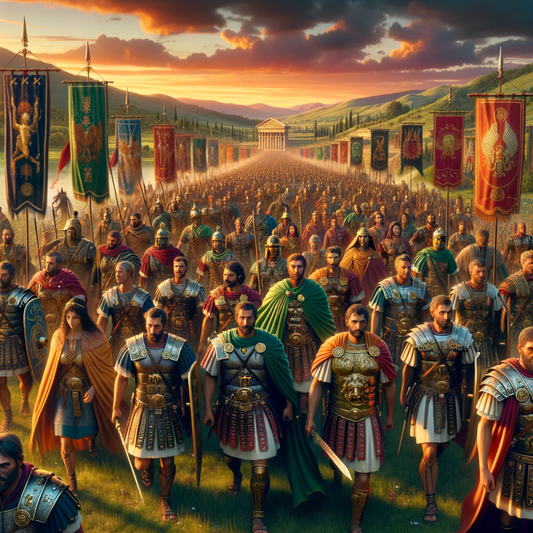 Roman legion marching in Gaul during sunset.
