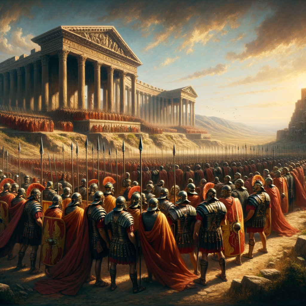 Roman soldiers in phalanx formation with Roman Empire architecture in the background, inspired by 1960s historical film style.