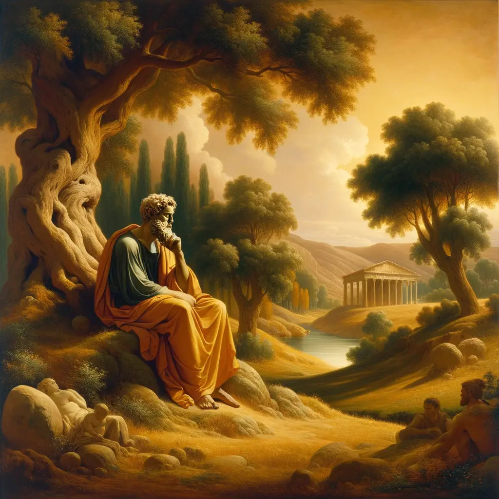 A Roman philosopher meditating by a river, surrounded by ancient trees, in the style of 1960s epic films, symbolizing Stoic calm and resilience.