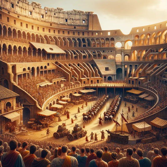 Panoramic view of the Roman Colosseum during a lively spectacle, showcasing gladiators in the arena and diverse crowds in the style of 1960s historical films.