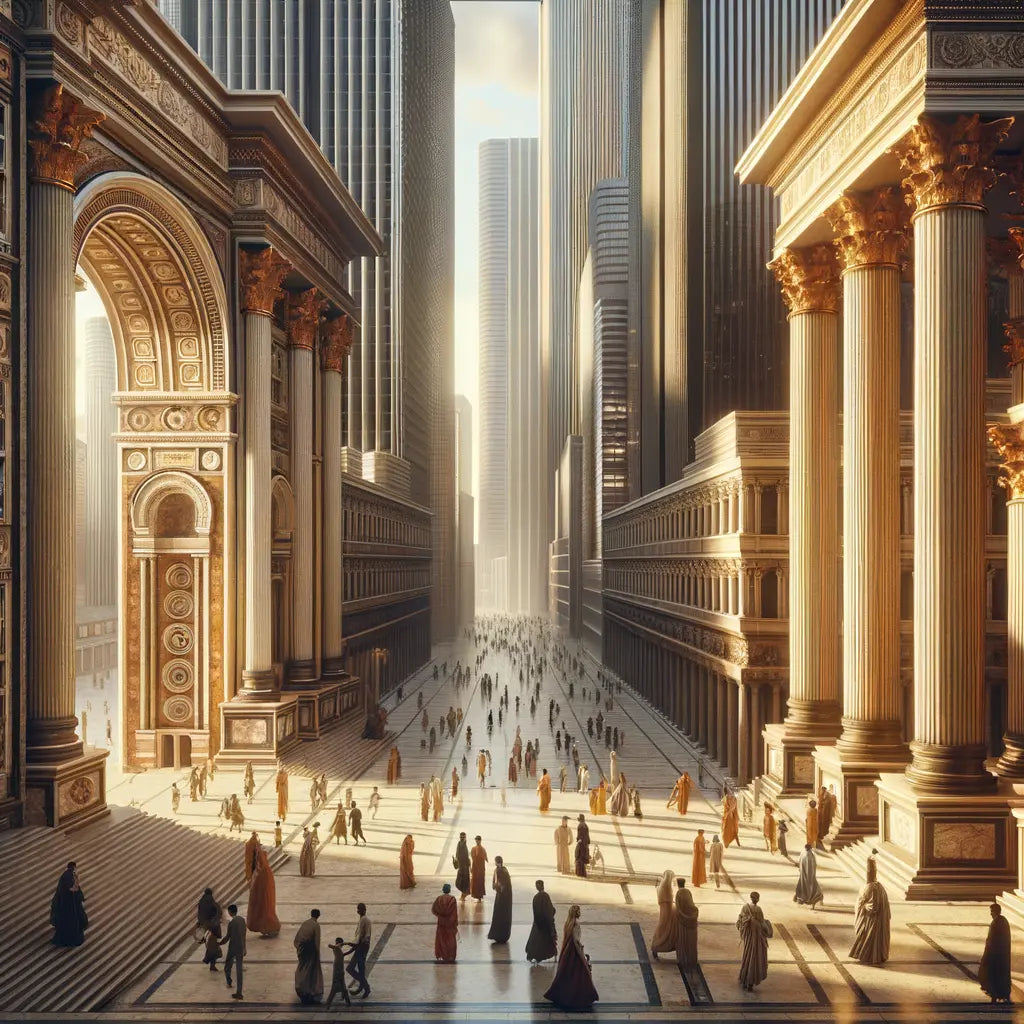 Modern cityscape with ancient Roman columns and arches, blending past and present in a cinematic style.