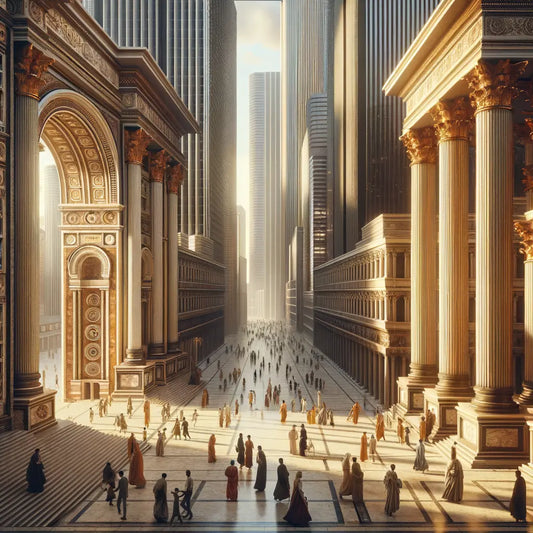Modern cityscape with ancient Roman columns and arches, blending past and present in a cinematic style.
