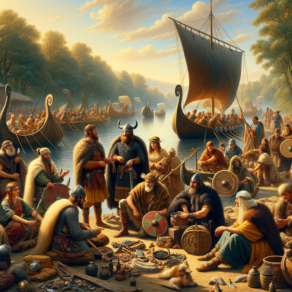 Vikings and Gauls trade goods on a bustling riverbank, surrounded by boats and artifacts in a cinematic 1960s style.