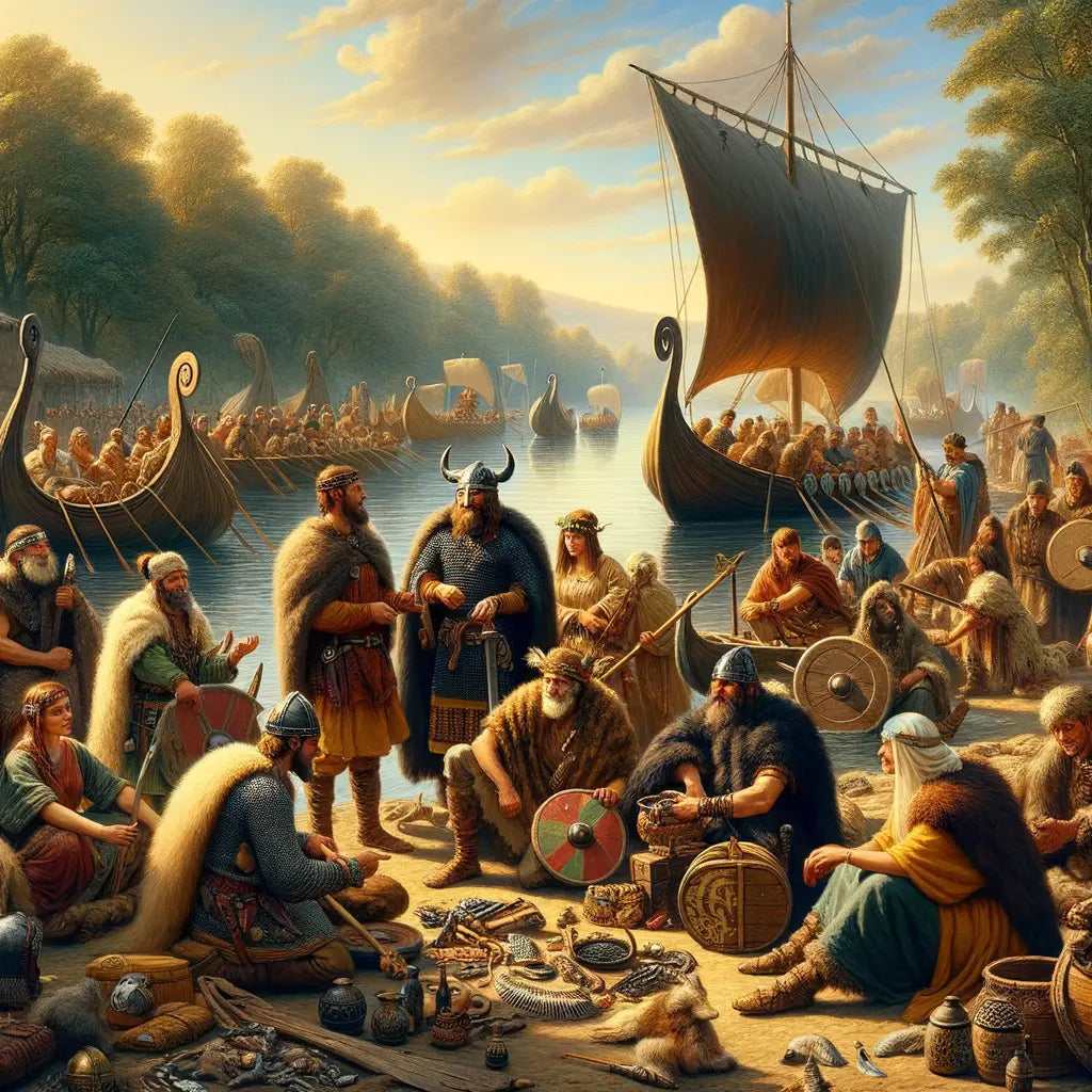 Vikings and Gauls trade goods on a bustling riverbank, surrounded by boats and artifacts in a cinematic 1960s style.