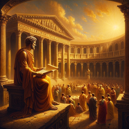 Marcus Aurelius in a Roman forum, embodying stoic philosophy, with a backdrop of columns and arches, in the style of a 1960s historical epic film.