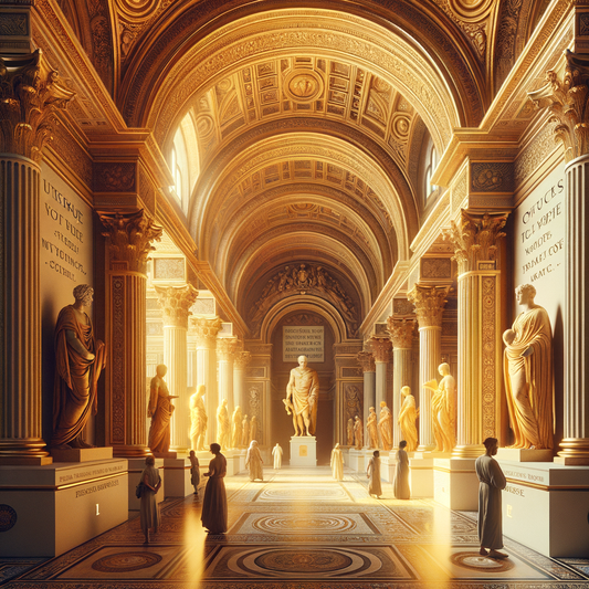 Art gallery blending classical Roman and modern art, with Marcus Aurelius quotes displayed, evoking a timeless influence in a setting reminiscent of 1960s historical epics.