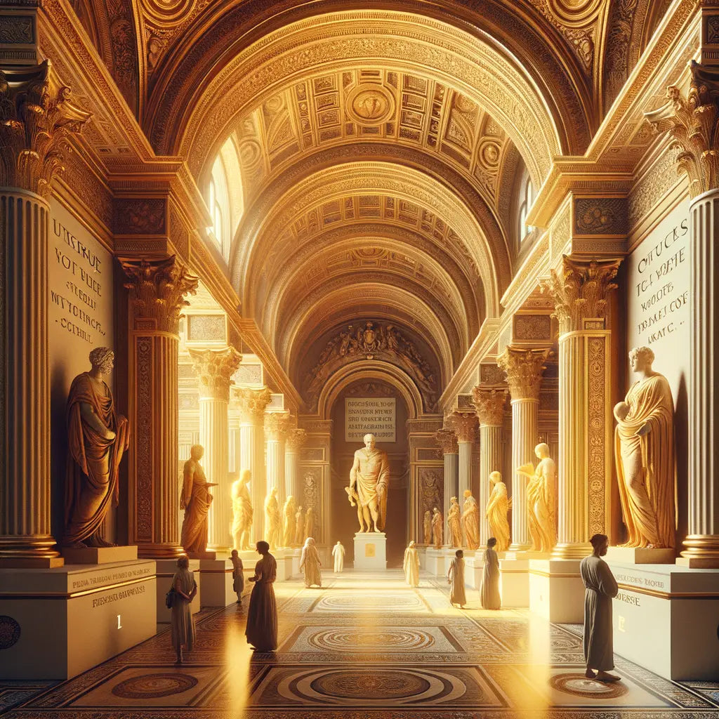 Art gallery blending classical Roman and modern art, with Marcus Aurelius quotes displayed, evoking a timeless influence in a setting reminiscent of 1960s historical epics.