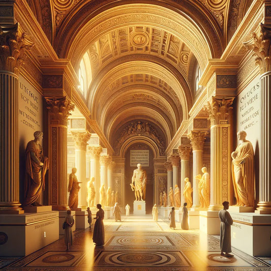 Art gallery blending classical Roman and modern art, with Marcus Aurelius quotes displayed, evoking a timeless influence in a setting reminiscent of 1960s historical epics.