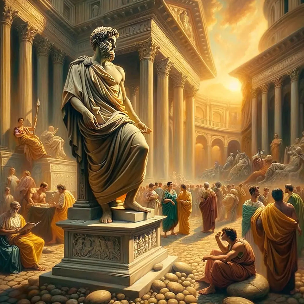 A stoic philosopher amidst a busy ancient Roman forum, exuding calmness, in a painting styled like 1960s historical epics.