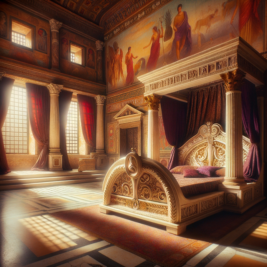 Luxury Roman lectus bed with ivory and bronze, surrounded by rich fabrics, in a room with murals of gods.