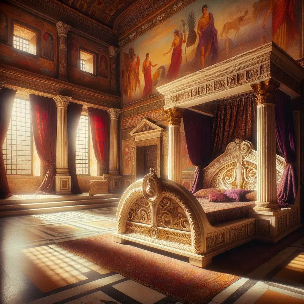Luxury Roman lectus bed with ivory and bronze, surrounded by rich fabrics, in a room with murals of gods.