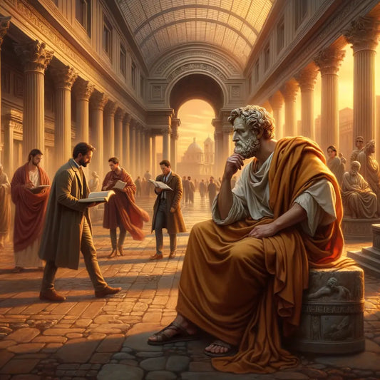 An ancient Roman philosopher in a traditional toga walks alongside modern individuals carrying 'The Daily Stoic' book, set against a backdrop blending timeless Roman architecture and modern life, in a cinematic painting style.