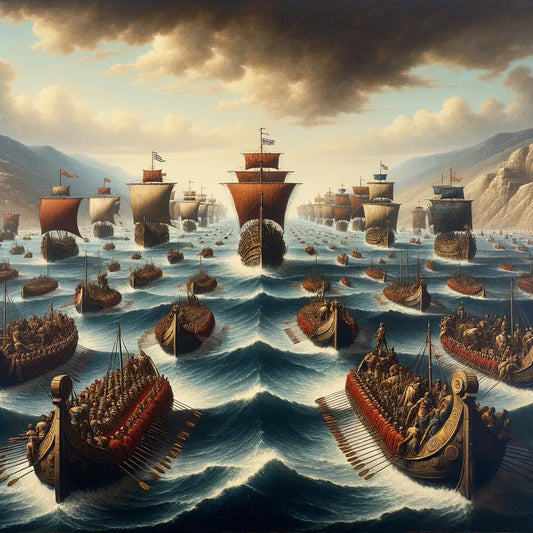 Roman and Egyptian fleets clash in a dramatic naval battle at Actium, under a vibrant sky, styled like 1960s historical epics.