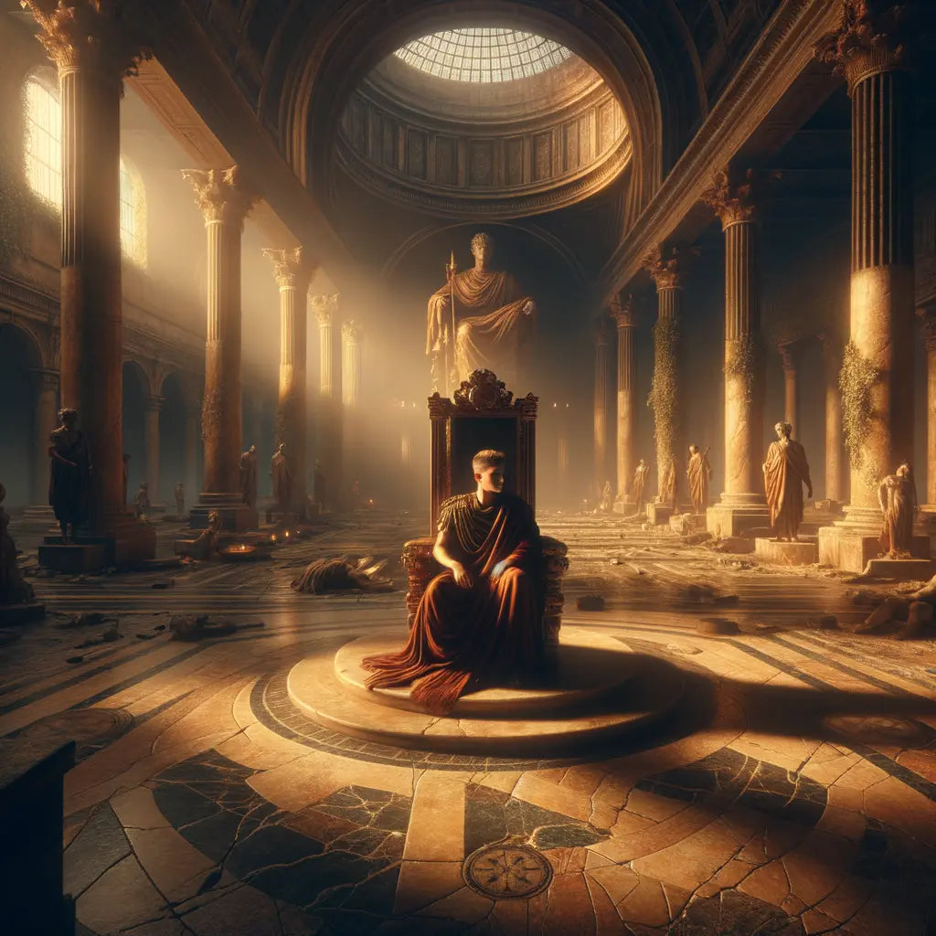 A young Romulus Augustulus on a throne amidst ruins, symbolizing the Roman Empire's decline, in a 1960s epic film style painting.