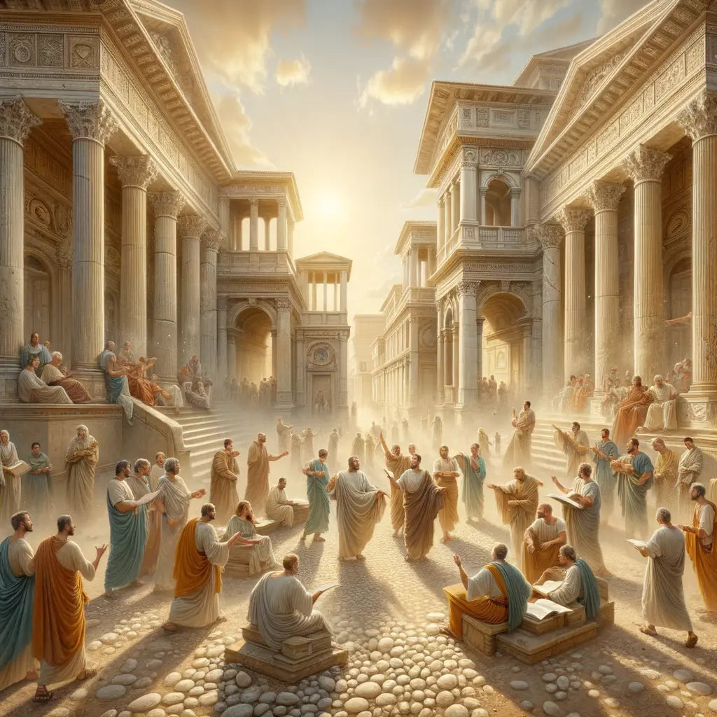 Roman citizens engaged in lively discussions on a street with Greek-style architecture, in a 1960s historical film style.