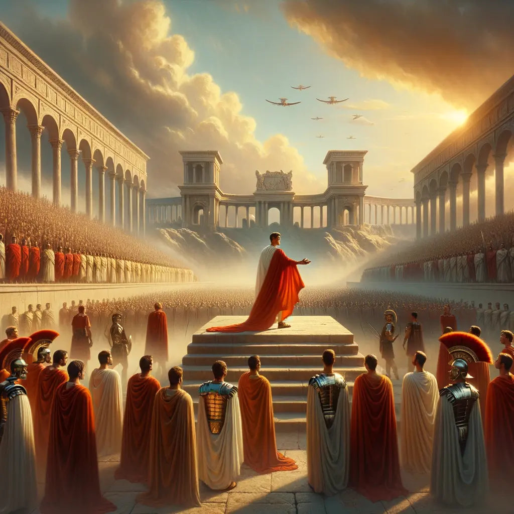 Julius Caesar stands among Roman soldiers in a majestic setting, showcasing his leadership, inspired by the classic 1960s historical epic style.