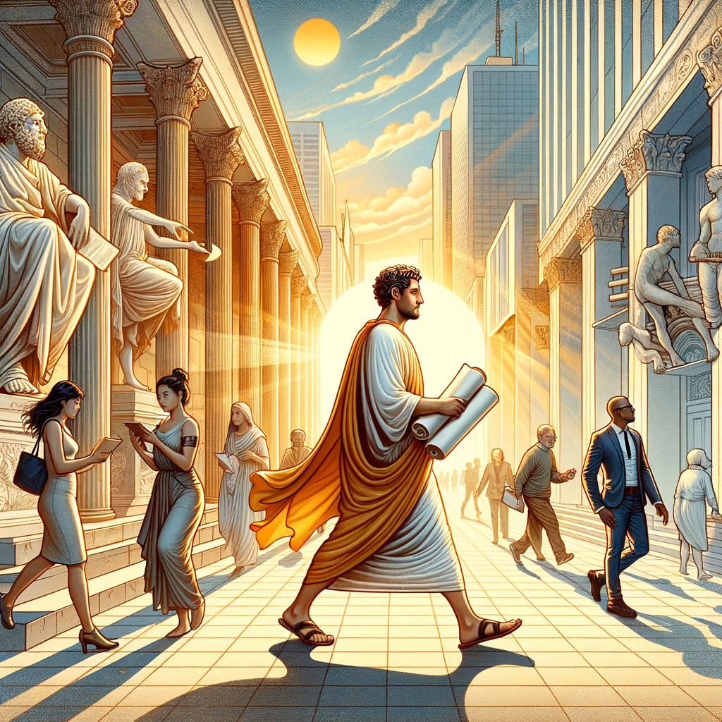 An ancient philosopher in a toga walking through a modern urban cityscape, blending ancient wisdom with contemporary surroundings, inspired by classic 1960s film aesthetics.