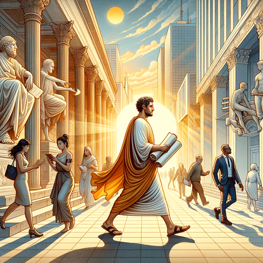 An ancient philosopher in a toga walking through a modern urban cityscape, blending ancient wisdom with contemporary surroundings, inspired by classic 1960s film aesthetics.