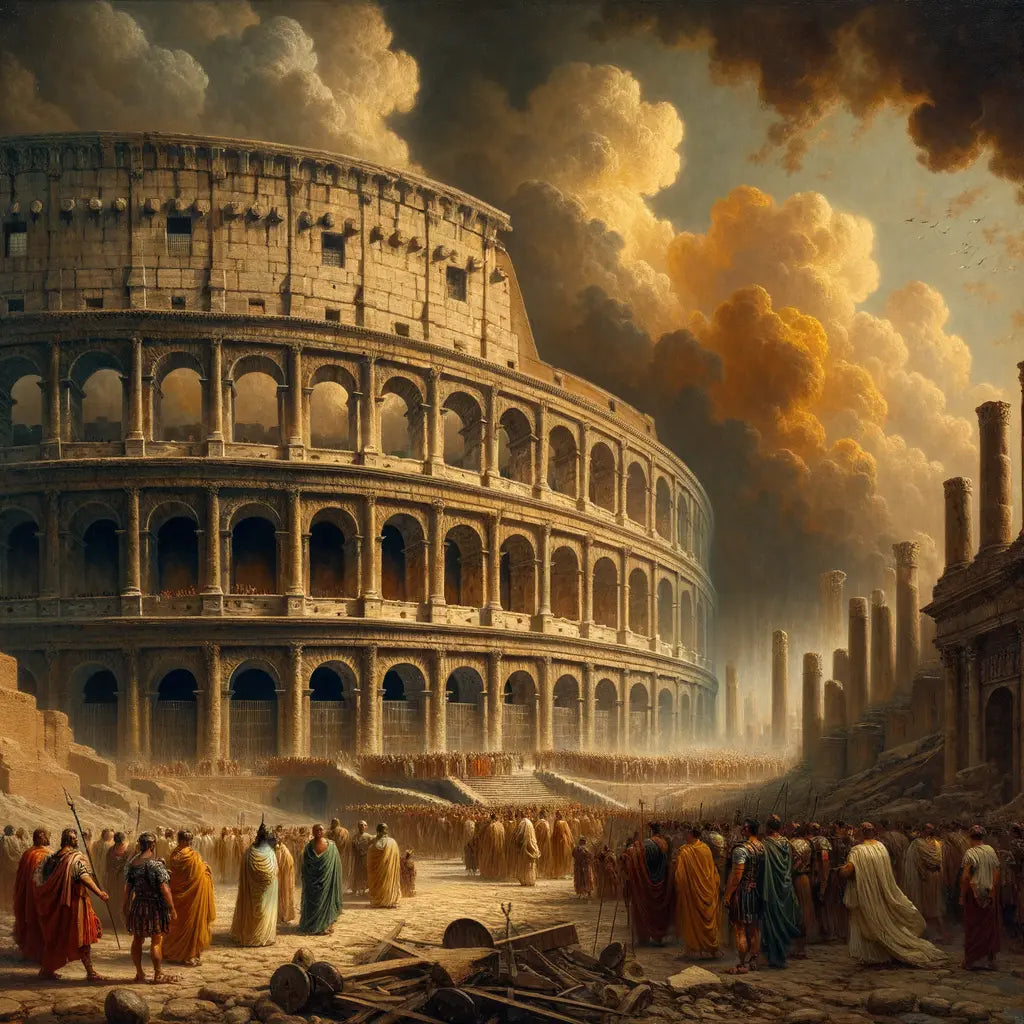 The Roman Colosseum under a dramatic sky, symbolizing the empire's glory and fall, in a style inspired by 1960s historical films.