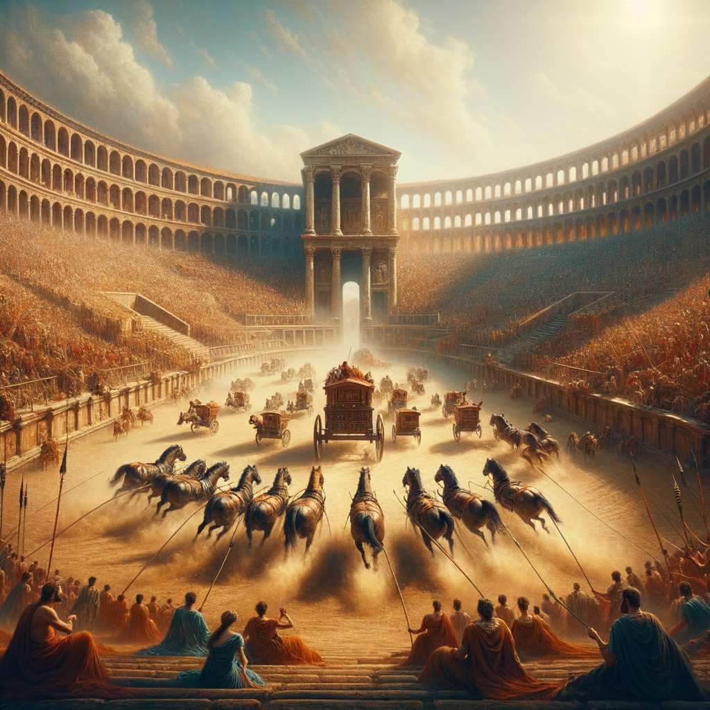 A vibrant scene of the Circus Maximus with chariots racing and a crowd of spectators, styled like a 1960s historical epic film depicting ancient Rome.