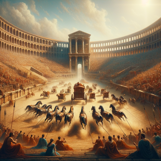 A vibrant scene of the Circus Maximus with chariots racing and a crowd of spectators, styled like a 1960s historical epic film depicting ancient Rome.