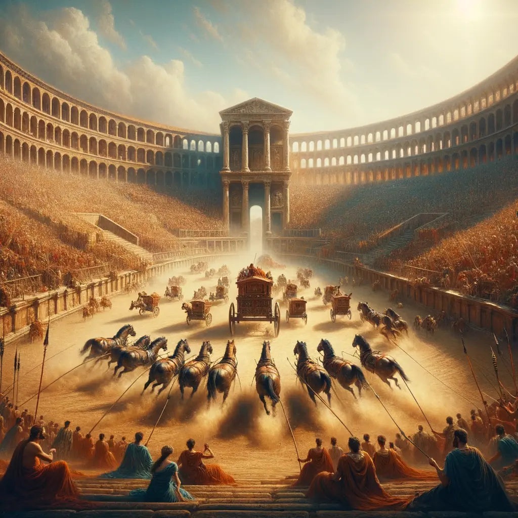 A vibrant scene of the Circus Maximus with chariots racing and a crowd of spectators, styled like a 1960s historical epic film depicting ancient Rome.