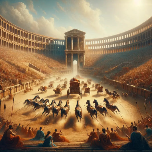 A vibrant scene of the Circus Maximus with chariots racing and a crowd of spectators, styled like a 1960s historical epic film depicting ancient Rome.