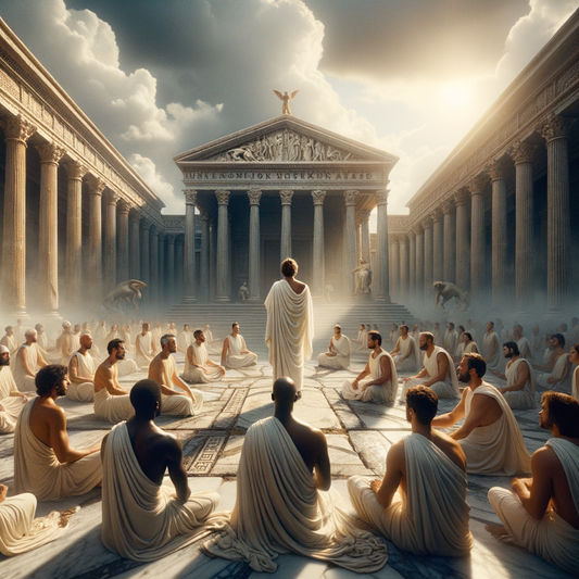 A Roman philosopher in a toga stands contemplatively in a forum amidst citizens, capturing the serene pursuit of Stoicism in a chaotic world, inspired by 1960s historical epic films.