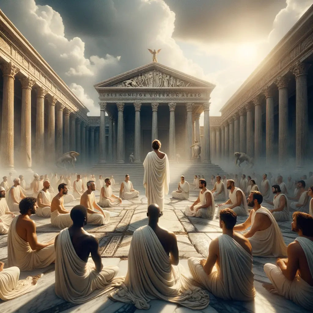 A Roman philosopher in a toga stands contemplatively in a forum amidst citizens, capturing the serene pursuit of Stoicism in a chaotic world, inspired by 1960s historical epic films.