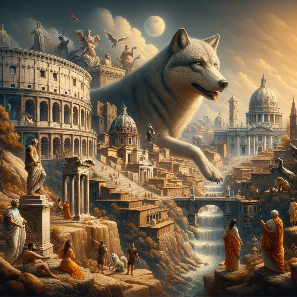 Reimagined ancient Rome skyline with Capitoline Wolf, mythical and real structures in a 1960s film style.