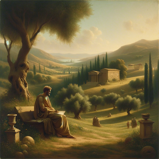 Ancient philosopher in toga walking thoughtfully through a serene Roman landscape, with olive groves and Roman architecture, inspired by 1960s historical epics.