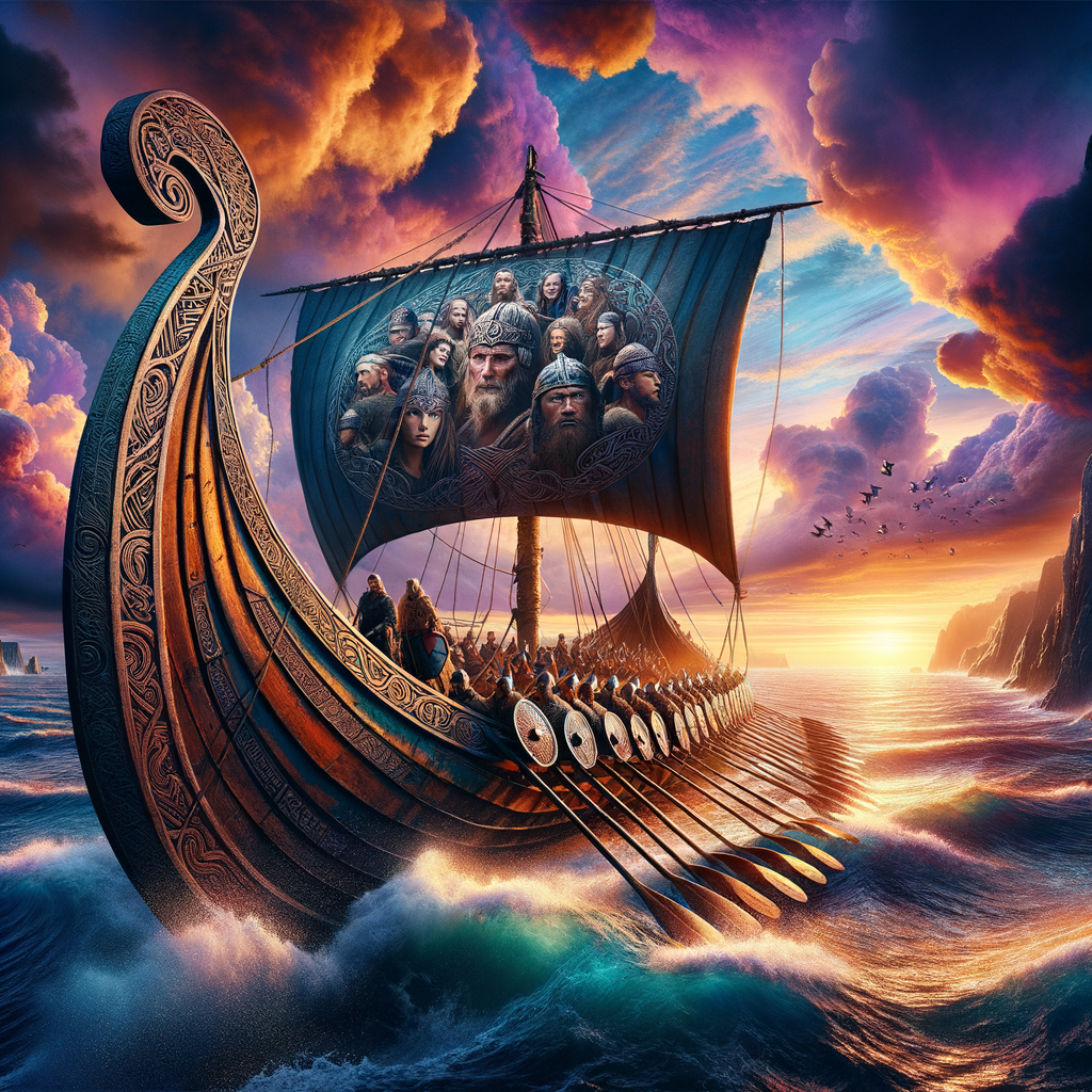 Majestic Viking longship with intricate carvings sailing under a vibrant sunset sky, inspired by the grandeur of the Oseberg Ship in an epic style.