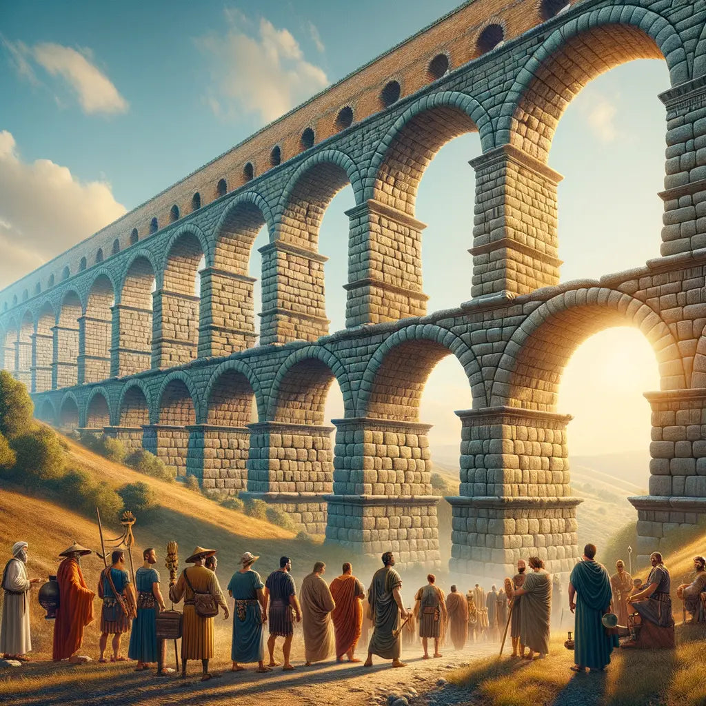 Roman aqueduct with grand arches against a clear blue sky, showcasing ancient engineering, inspired by 1960s historical films.
