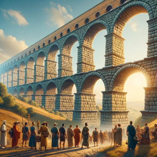 Roman aqueduct with grand arches against a clear blue sky, showcasing ancient engineering, inspired by 1960s historical films.