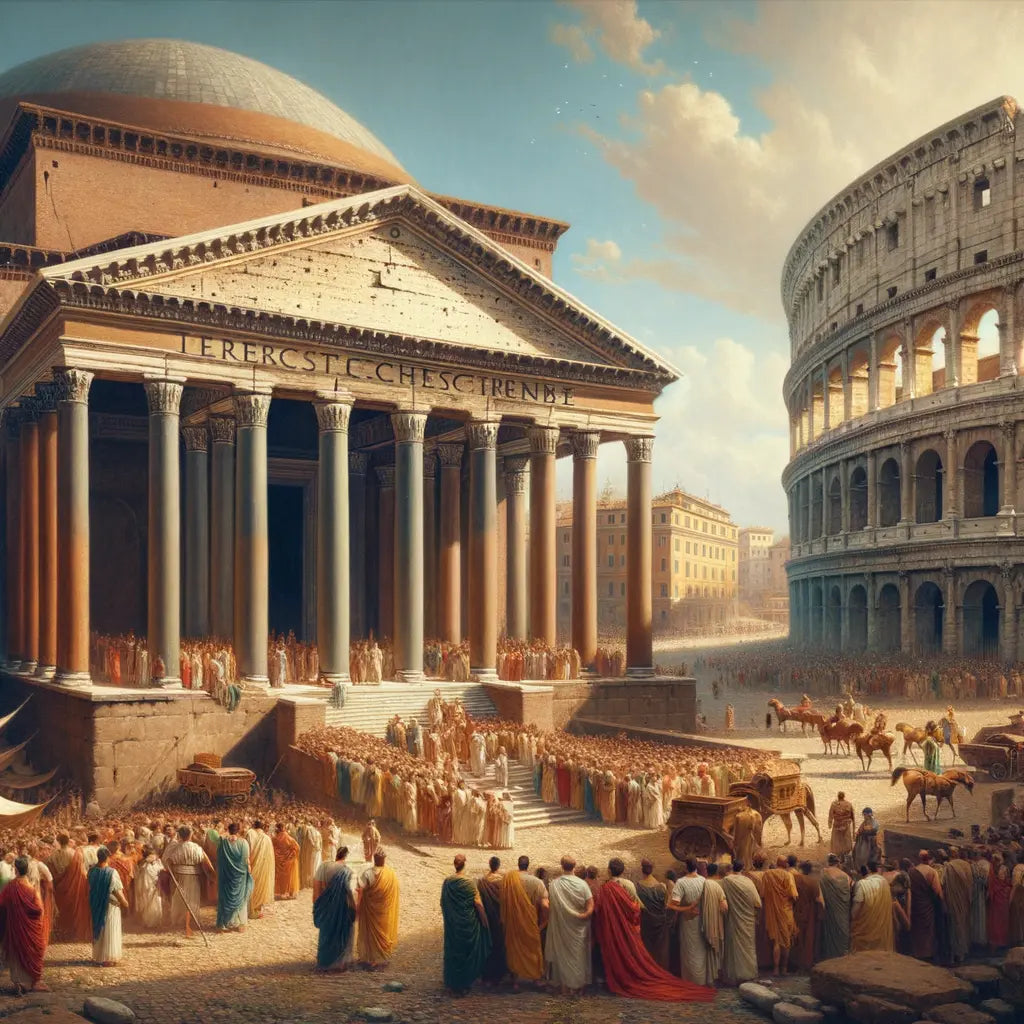 Panoramic view of the Pantheon and Colosseum, showcasing Roman architectural grandeur.