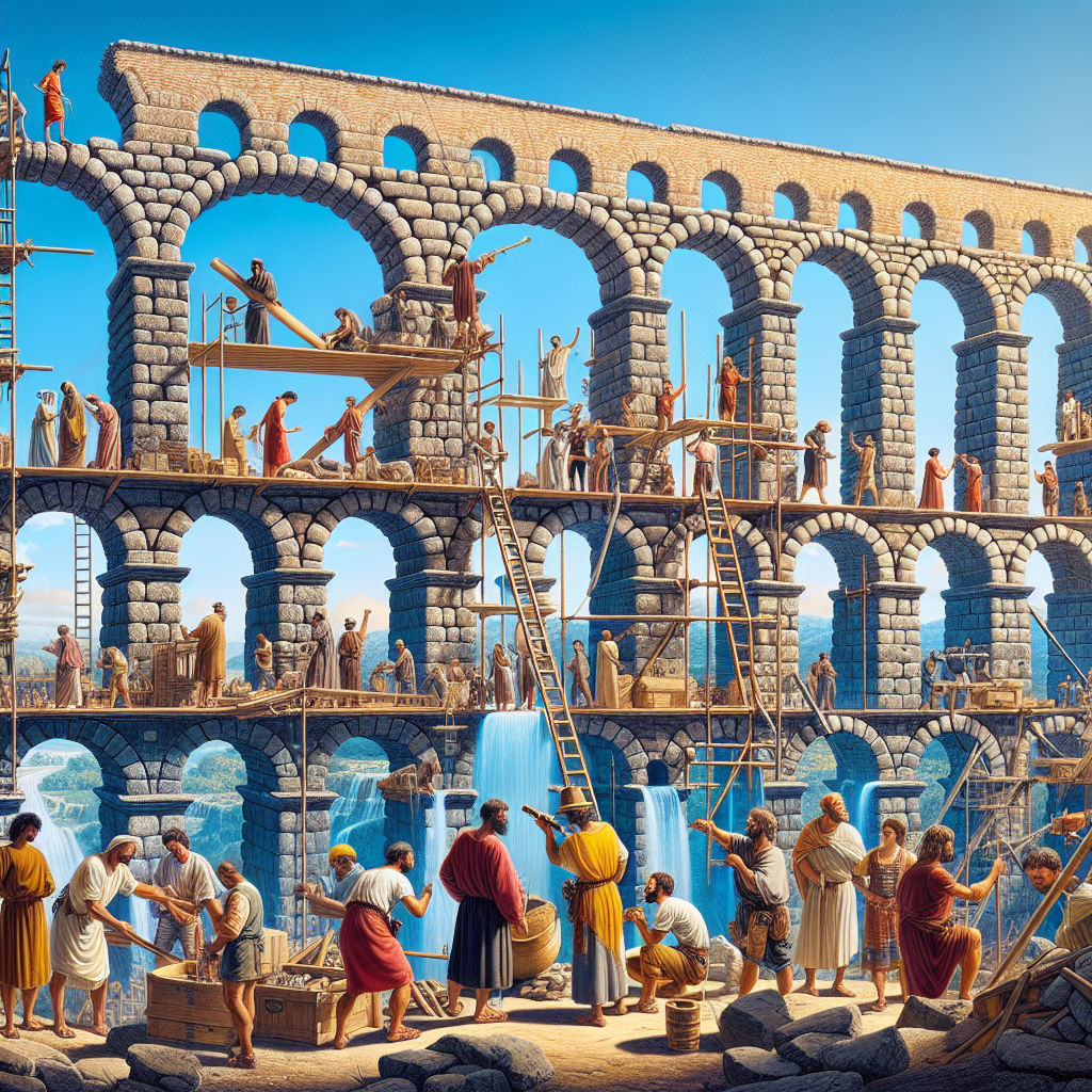 Construction of a Roman aqueduct with workers and engineers.