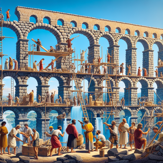Construction of a Roman aqueduct with workers and engineers.