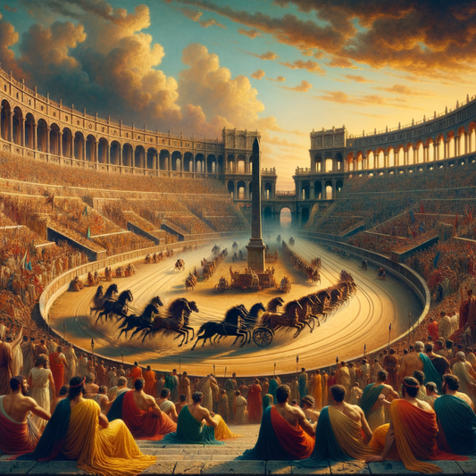Circus Maximus during a chariot race, filled with cheering crowds and vibrant energy, styled after 1960s historical film epics.