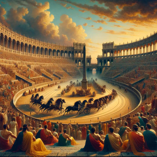 Circus Maximus during a chariot race, filled with cheering crowds and vibrant energy, styled after 1960s historical film epics.